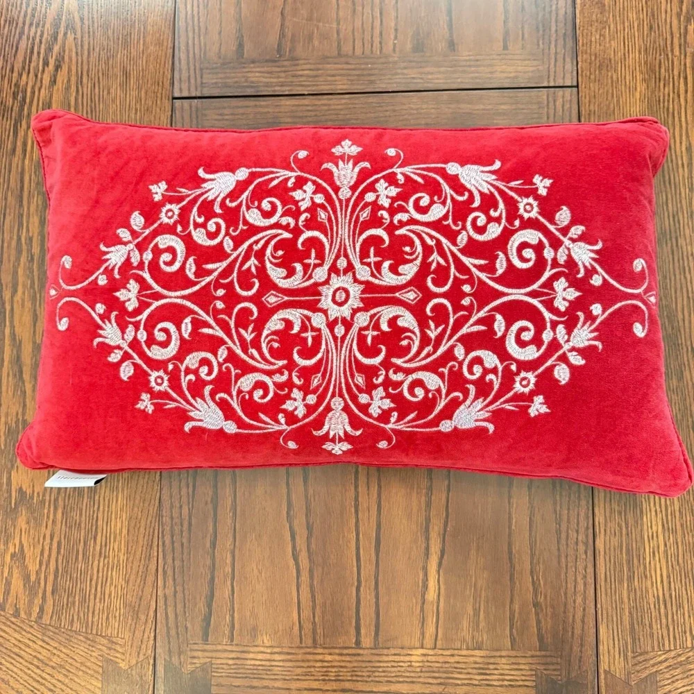 Storehouse Red Velvet Pillow Down Feather Fill Lumbar Silver Embroidered Holiday